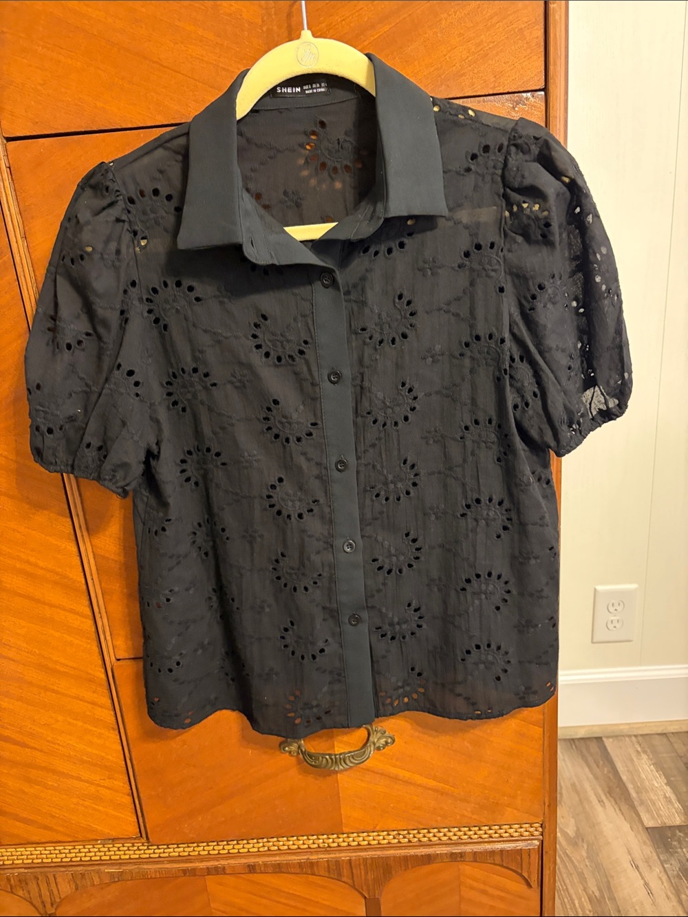Black Cotton Embroidered Puff Sleeve Button Shirt Size small